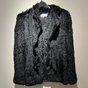 Black Funky East Faux Fur Jacket, Size L, Satin-Like Ribbon Ties, Used; Good